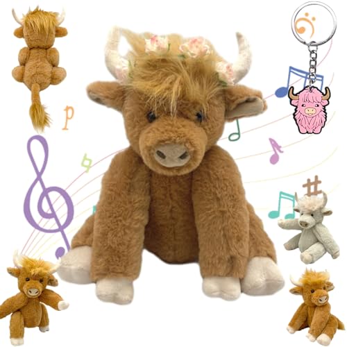 Oveallgo Theorbi Highland Cow Plush Toy, Realistic Vianys Cow Stuffed Plush Toy, Movable Joints Highland Cow Stuffed Animal, Scottish Stuffed Highland Cow with Music (Khaki with Flowers and Music) von Oveallgo