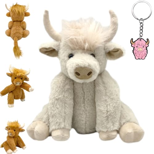 Oveallgo Theorbi Highland Cow Plush Toy, Realistic Vianys Cow Stuffed Plush Toy, Movable Joints Highland Cow Stuffed Animal, Scottish Stuffed Highland Cow with Music (White) von Oveallgo