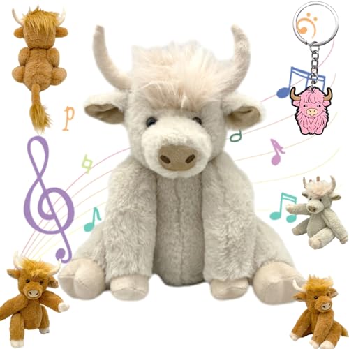 Oveallgo Theorbi Highland Cow Plush Toy, Realistic Vianys Cow Stuffed Plush Toy, Movable Joints Highland Cow Stuffed Animal, Scottish Stuffed Highland Cow with Music (White Music) von Oveallgo