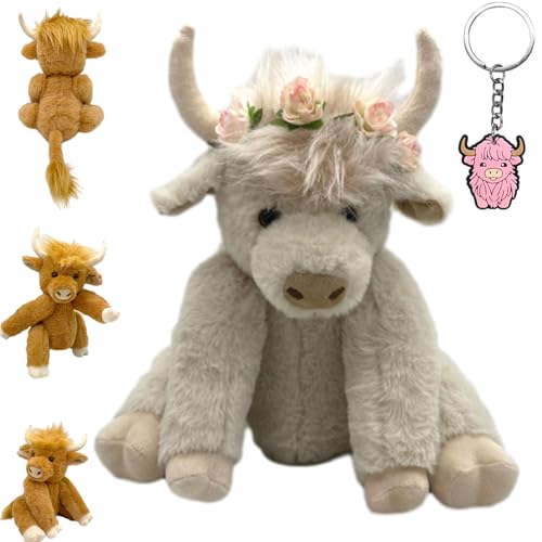 Oveallgo Theorbi Highland Cow Plush Toy, Realistic Vianys Cow Stuffed Plush Toy, Movable Joints Highland Cow Stuffed Animal, Scottish Stuffed Highland Cow with Music (White with Flowers) von Oveallgo