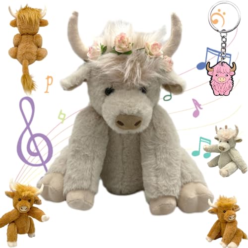 Oveallgo Theorbi Highland Cow Plush Toy, Realistic Vianys Cow Stuffed Plush Toy, Movable Joints Highland Cow Stuffed Animal, Scottish Stuffed Highland Cow with Music (White with Flowers and Music) von Oveallgo