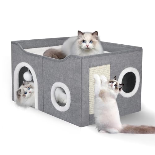 Ovshnrr Faltbares Katzenhaus, 2-lagiges großes Katzenbett für Indoor-Katzen mit Kratzbrett & Plüschball, 61 x 40,6 x 33 cm, Katzenhöhle mit Plüschunterlage und Stoffunterlage für kleine und von Ovshnrr