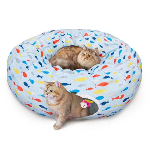 Ownpets Katzentunnel, Großer Katzentunnel mit Katzenbett für Indoor Katzen, L-190CM,Dia-30CM, flauschig, Katzentunnel große Katzen, Runder Katzentunnel XXL mit Katzenspielzeug, Abnehmbar, Blau von Ownpets