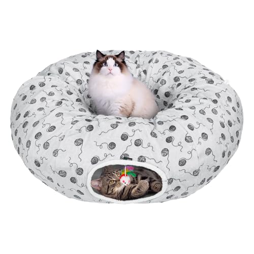 Ownpets Katzentunnel, Großer Katzentunnel mit Katzenbett für Indoor Katzen, L-190CM,Dia-30CM, flauschig, Runder Katzentunnel XXL mit Katzenspielzeug, Abnehmbar, Weiß von Ownpets