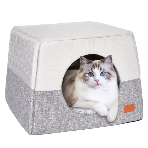 Ownpets Katzenbett für Wohnungskatzen, 3 in 1 Faltbares Großes Katzenhöhlenbett Katzenhäuser mit Abnehmbarem Waschbarem Kissen, Weiches und Selbstwärmendes Katzenzelt, 48 * 48 * 35cm von Ownpets