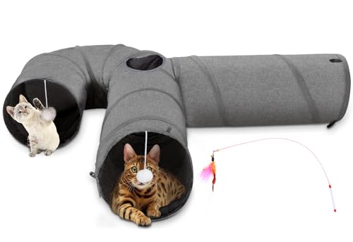 Ownpets Katzentunnel, 3 Wege Katze Tunnel, Katzentunnel Stoff mit Ball und Cat Teaser, Erweiterbarer und Faltbarer Katze Tunnel, Spieltunnel für Katze, Welpen, Kaninchen, Grau von Ownpets