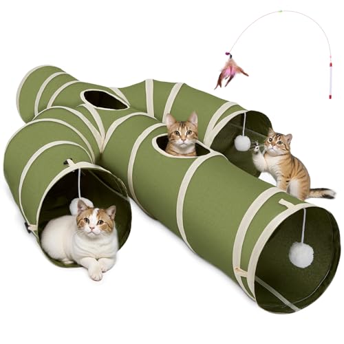 Ownpets Katzentunnel für groß Katzen, 4 Wege größerer Kaktus Form Haustier Tunnel, Kaktus Form Haustier Tunnel mit Oxford-Gewebe, faltbar, mit hängenden Ball, 30cm Durchmesser, Katzentunnel XXL von Ownpets