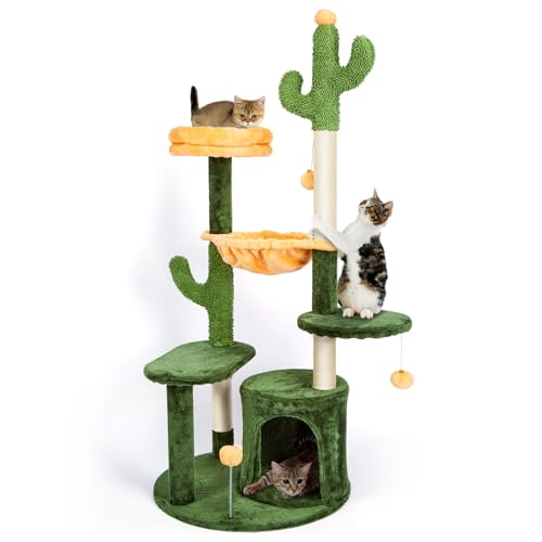 Ownpets Kratzbaum Katzenkratzbaum 132cm hoch,Hängematte und Kaktus-Kratzbaum,Großer Katzenkletterbaum mit Hängeball & Spielzeug für Spielhäuser von Ownpets