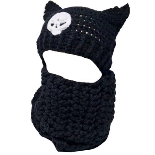 Beliebte Strickmütze Katzenohren Wintermütze Häkelmütze Weiche Atmungsaktive Totenkopfmütze von Oxxggkao