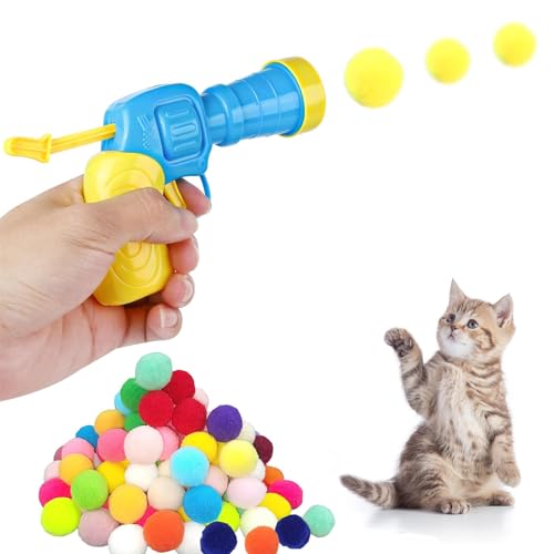 Oykrueats Katzenspielzeug Ball Werfer,50 Stück Katzenbälle Soft Mit 1 Stück Kunststoff Startwerkzeug,Interaktives Katzenspielzeug für Katzen Spielzeug,Cat Toy Ball für Indoor Haustier Kätzchen Hunde von Oykrueats