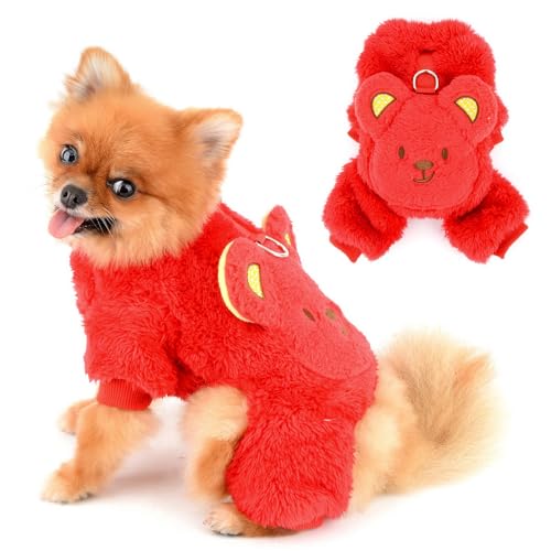 PAIDEFUL Fleece-Schlafanzug für kleine Hunde, 4-beiniger Jumpsuit, weich, winddicht, Pullover mit Bär, Rucksack, solider Pullover, Haustier-Outfits, warmer Hundemantel, Herbst-/Wintermantel, von PAIDEFUL