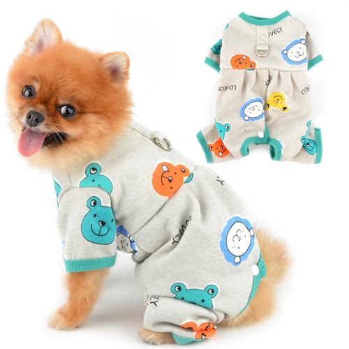 PAIDEFUL Fleece-Schlafanzug für kleine Hunde, dehnbarer, weicher Hunde-Pyjama mit süßem Bär, Haustier-Overall, Welpen, Herbst, Winter, warme Chihuahua-Kleidung, Katzenkostüm, D-Ring, Grau, Größe M von PAIDEFUL