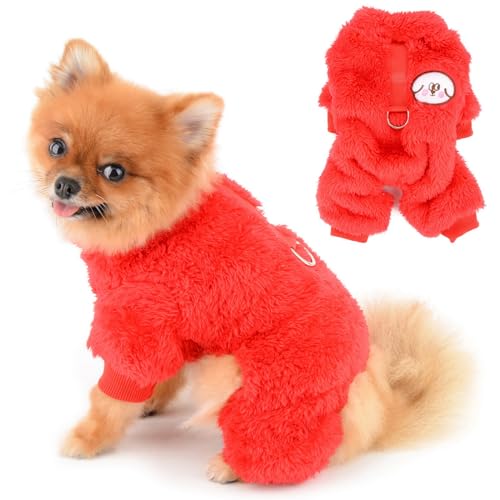 PAIDEFUL Fleece-Schlafanzug für kleine Hunde, weicher Einteiler mit 4 Beinen, solider Welpenpullover, Pullover, Haustier-Outfits, warmer Hundemantel, Herbst-/Wintermantel, Katzenkostüm, D-Ring, Rot, von PAIDEFUL