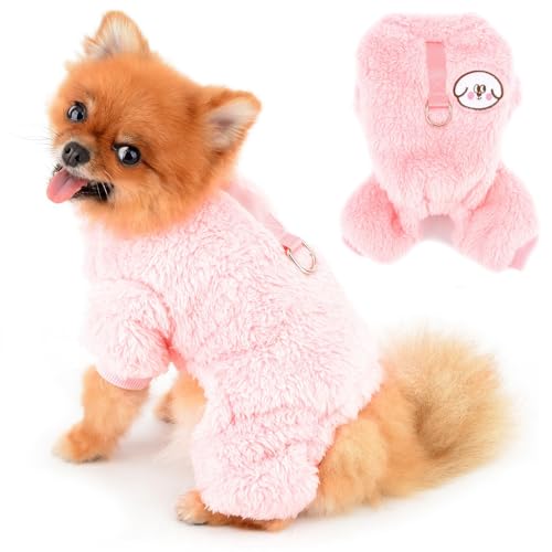 PAIDEFUL Fleece-Schlafanzug für kleine Hunde, weicher Einteiler mit 4 Beinen, solider Welpenpullover, Pullover, Haustier-Outfits, warmer Hundemantel, Herbst-/Wintermantel, Katzenkostüm, D-Ring, Rosa, von PAIDEFUL