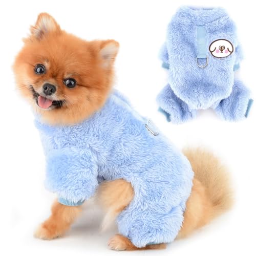 PAIDEFUL Fleece-Schlafanzug für kleine Hunde, weicher Einteiler mit 4 Beinen, solider Welpenpullover, Pullover, Haustier-Outfits, warmer Hundemantel, Herbst-/Wintermantel, Katzenkostüm, D-Ring, Blau, von PAIDEFUL