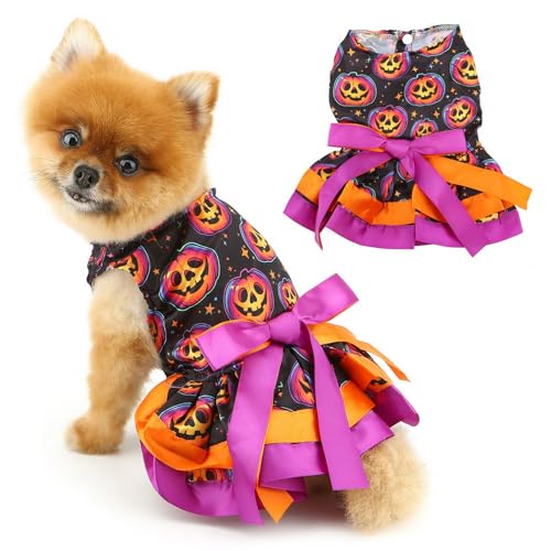 PAIDEFUL Halloween-Kostüm für Hündinnen, Kürbis-Welpen-Röcke, Halloween, Urlaub, Hunde-Prinzessinnenkleider mit Fliege, modische Katzenbekleidung, Chihuahua-Kleidung, Cosplay, Größe S von PAIDEFUL