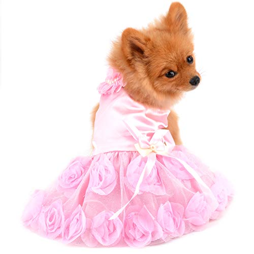 PAIDEFUL Haustierkleid für Kleine Hunde Katzen Mädchen Sommer Luxus Welpen Hochzeitskleid Rose Blume Spitze Tutu Rock Seidig Bowknot Geburtstags Party Kleid Hundekleid Chihuahua Kleidung Pink L von PAIDEFUL