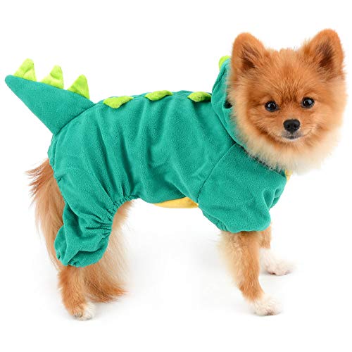 PAIDEFUL Haustierkostüm Stegosaurus Dinosaurier für kleine Hunde/Katzen, Halloween-Party, Welpenkleidung, Samt, Kapuzenpullover, Pyjama, Winter-Overall, Mantel, grün/gelb, Größe S von PAIDEFUL