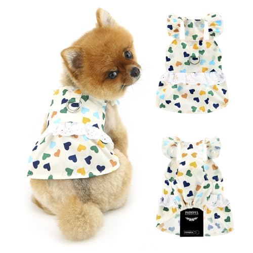 PAIDEFUL Hunde-Prinzessinnenkleid, Rüschenrock für kleine Hunde und Katzen, modisches Welpen-Sommerkleid mit Liebesmuster, Spitze, weich, leicht, Haustierpullover, einteiliges Outfit, D-Ring, Creme, von PAIDEFUL