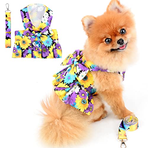 PAIDEFUL Hundegeschirr Kleid für Kleine Hunde Katzen Mädchen Bunte Blumen Tutu Rock Mesh Atmungsaktiv Haustierkleidung mit Leine 1,6 m Mini Welpen Chihuahua Yorkie Kleidung Frühling Sommer Lila XXL von PAIDEFUL