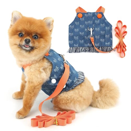 PAIDEFUL Hundegeschirr und Leine, Denim-Weste für kleine Hunde, weich, leicht, Welpengurt, Kleidung mit Schleifenknotenmuster, Sommer-Haustier-Shirts mit D-Ring, Chihuahua-Bekleidung, Katzenleine, von PAIDEFUL