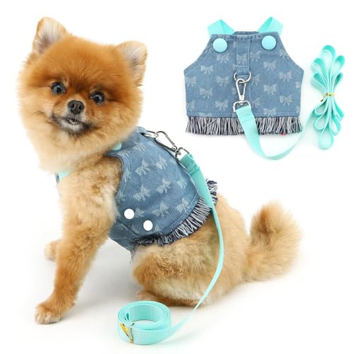 PAIDEFUL Hundegeschirr und Leine, Denim-Westengeschirr für kleine Hunde, weich, leicht, Welpengurt, Kleidung mit Schleifenknotenmuster, Sommer-Haustier-Shirts mit D-Ring, Chihuahua-Bekleidung, von PAIDEFUL