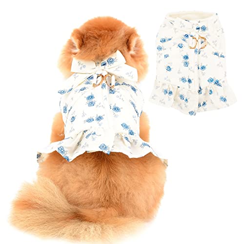 PAIDEFUL Hundemantel für Kleine Mittelgroße Hunde Mädchen Weiblich Blumen Gedruckt Sanft Warm Chihuahua-Kleidung mit Geschirr für Welpen Haustiere Dackel Winter Katzenbekleidung Herbst Kälte Blau S von PAIDEFUL