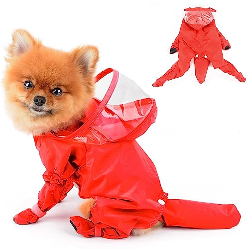 PAIDEFUL Regenmantel für kleine Hunde, ganzkörperbedeckend, solide vierbeinige Einteiler-Regenjacke, wasserdichter Kapuzenpullover, Welpenkleidung, Kätzchenbekleidung, Rot, XXL von PAIDEFUL