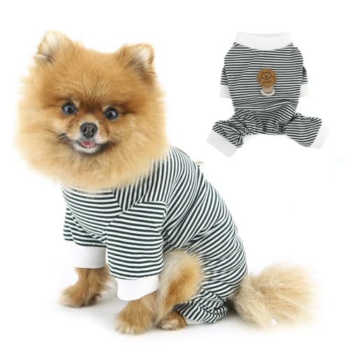 PAIDEFUL Klassischer gestreifter Hunde-Pyjama für kleine Hunde, dehnbar, weich, 4-beinig, leicht, atmungsaktiv, Welpen-Jumpsuit, Sommer, Frühling, Katzenkleidung mit D-Ring, Grün, Größe L von PAIDEFUL