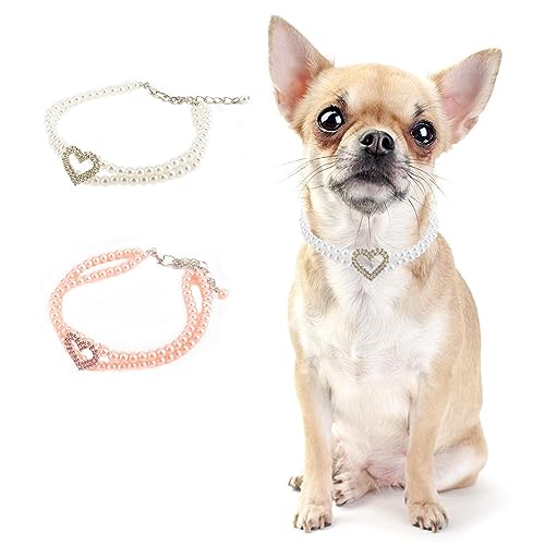 PAIDEFUL Kleine Mädchen Hund Halskette Doppelschicht Perle Diamant Herz Bling Schmuck Verstellbar Leicht Niedlich Katze Halsband Geburtstag Party, Weiß, S von PAIDEFUL