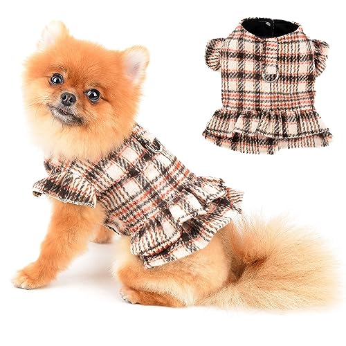 PAIDEFUL Kleines Mädchen Hund Plaid Rüschen Kleid Polarfleece gefüttert Herbst Winter Weich Bequem Welpenkleidung Warme Prinzessin Niedlich Katzen Kostüm D-Ring Festival Geburtstag Party, Braun, M von PAIDEFUL