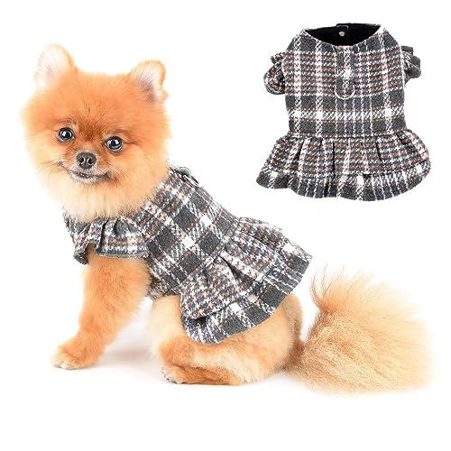 PAIDEFUL Kleines Mädchen Hund Plaid Rüschen Kleid Polarfleece gefüttert Herbst Winter Weich Bequem Welpenkleidung Warme Prinzessin Niedlich Katzen Kostüm D-Ring Festival Geburtstag Party, Grau, M von PAIDEFUL