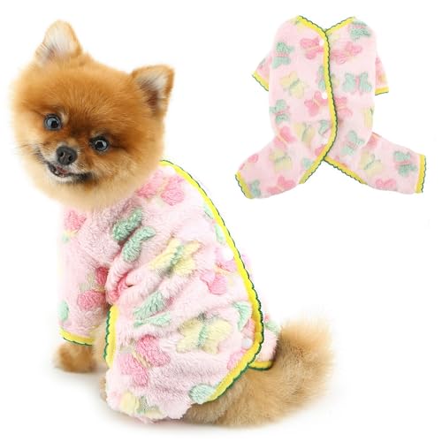 PAIDEFUL Warmer Fleece-Hunde-Jumpsuit, weich, warm, Thermo-Pyjama, niedliches Schmetterlingsmuster, 4-beinig, Haustierbekleidung, flauschige Hundebekleidung, Katzenpullover, Chihuahua, Kleidung auf von PAIDEFUL