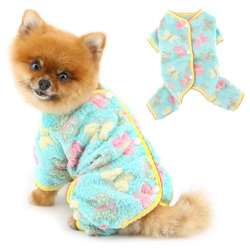 PAIDEFUL Warmer Fleece-Hunde-Jumpsuit, weich, warm, Thermo-Pyjama, niedliches Schmetterlingsmuster, 4-beinig, Haustierbekleidung, flauschige Hundebekleidung, Katzenpullover, Chihuahua, Kleidung auf von PAIDEFUL