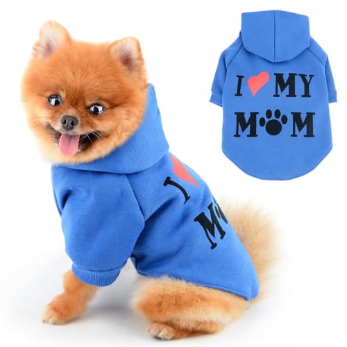 PAIDEFUL Warmer Fleece-Hundemantel für kleine Hunde, weich, winddicht, mit Kapuze, modische Welpen-Sweatshirts mit Aufdruck "I Love My Mom", kurzärmelig, mit Loch für die Leine, Dunkelblau, Größe XL von PAIDEFUL