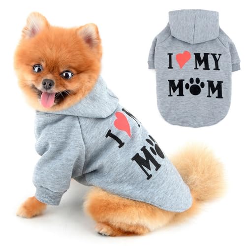 PAIDEFUL Warmer Fleece-Hundemantel für kleine Hunde, weich, winddicht, mit Kapuze, modische Welpen-Sweatshirts mit Aufdruck "I Love My Mom", kurzärmelig, mit Loch für die Leine, Grau, Größe S von PAIDEFUL