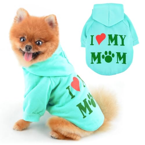 PAIDEFUL Warmer Fleece-Hundemantel für kleine Hunde, weich, winddicht, mit Kapuze, modische Welpen-Sweatshirts mit Aufdruck "I Love My Mom", kurzärmelig, mit Loch für die Leine, Hellgrün, Größe M von PAIDEFUL