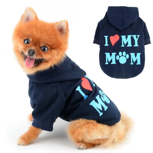 PAIDEFUL Warmer Fleece-Hundemantel für kleine Hunde, weich, winddicht, mit Kapuze, modische Welpen-Sweatshirts mit Aufdruck "I Love My Mom", kurzärmelig, mit Loch für die Leine, Marineblau, Größe S von PAIDEFUL