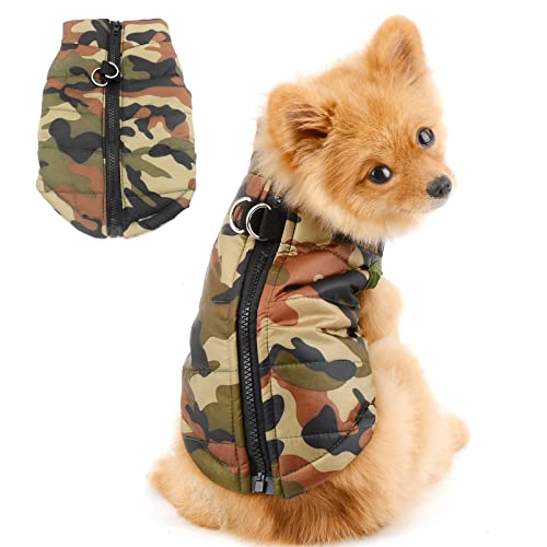 PAIDEFUL Wasserdichter Camo Kleiner Hund Wintermantel Jackengeschirr mit D-Ring Puffermantel für Welpen Chihuahua Kleidung Kalte Wetter Jungen Katzenbekleidung Haustier Schneeanzug Winddicht Armeegrün von PAIDEFUL