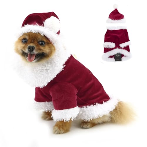 PAIDEFUL Weihnachts-Hundekostüme für kleine Hunde, 2-teilig, mit Mütze, Bommel, flauschiger Bart, modischer Weihnachtsmann-Pullover, Urlaub, Cosplay, Haustier-Outfits, niedliche Katze, Chihuahua, von PAIDEFUL