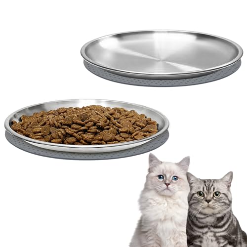 Katzennäpfe mit Schnurrhaar, 2 Stück Katzenfutterschale mit rutschfestem Tischset, 17,5 cm Edelstahl-Katzennäpfe für Indoor-Katzen, flache und breite Katzenschalen für Futter und Wasser, um von PAILUOMU