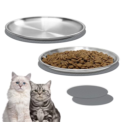 Katzennäpfe mit Schnurrhaarfreundlich, 2 Stück Katzenfutterschale mit rutschfestem Tischset, 20 cm Edelstahl-Katzennäpfe für Indoor-Katzen, flache und breite Katzenschalen für Futter und Wasser, um von PAILUOMU