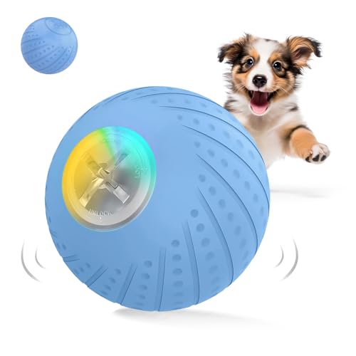 PAKESI Smart Interaktives Hundespielzeug, aktiver rollender Ball für Welpen/kleine Hunde mit LED-Lichtern, Sich automatisch bewegender, hüpfender, rotierender Ball, USB wiederaufladbar, blau von PAKESI