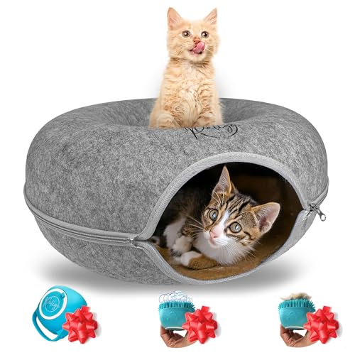 PALIGU & CO. Katzentunnelbett - Donut-Tunnel und Peekaboo Katzenhöhle, Katzentunnel für Indoor-Katzen groß - Katzenbetten für den Innenbereich inklusive Haustierbürsten Bademassage von PALIGU & CO.