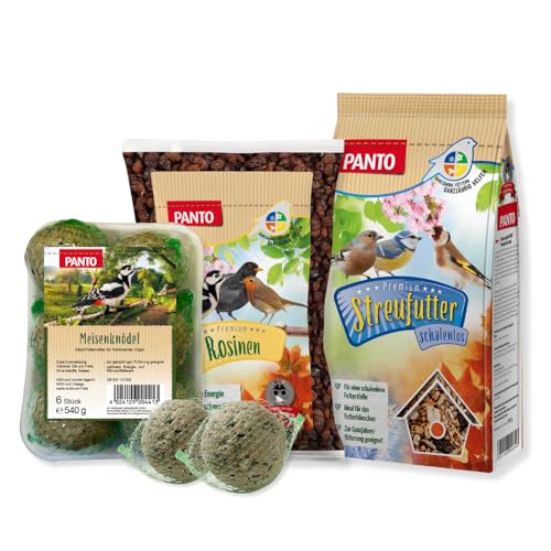 PANTO Energiemix Wildvogelfutter Bundle, Rosinen 1 kg, Streufutter schalenlos 1 kg & 6 Meisenknödel im Netz, energiereiches Vogelfutter, ganzjährig - für Körner- und Weichfresser von PANTO