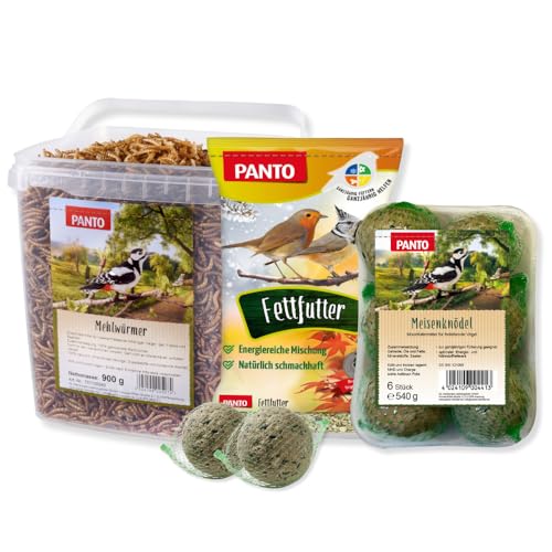 PANTO Energiepaket, Wildvogelfutter Bundle mit Fettfutter 1 kg, Mehlwürmer 1 kg & 6 Meisenknödel im Netz, schalenloses und energiereiches Vogelfutter, ganzjährig - für Körner- und Weichfresser von PANTO