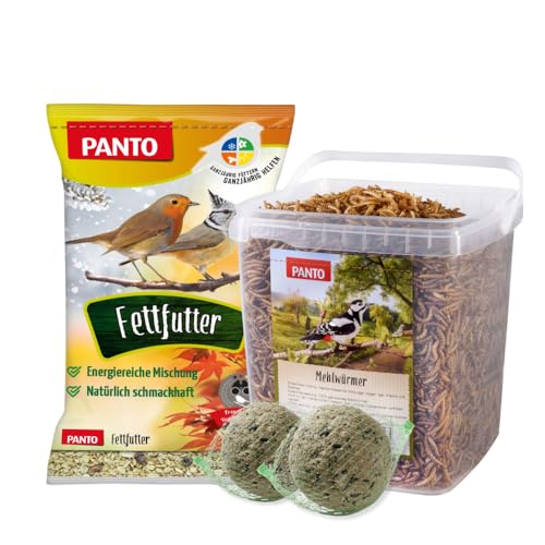 PANTO Energiepaket, Wildvogelfutter Bundle mit Fettfutter 1 kg, Mehlwürmer 1 kg & 6 Meisenknödel im Netz, schalenloses und energiereiches Vogelfutter, ganzjährig - für Körner- und Weichfresser von PANTO