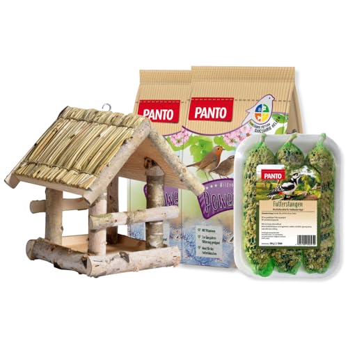 PANTO Nährstoffpaket Wildvogelfutter inkl. Vogelhaus, energiereiches Vogelfutter mit 2X Wildvogel-Power-Mix & 3 x Futterstangen, ganzjährig - für Körner- & Weichfresser von PANTO