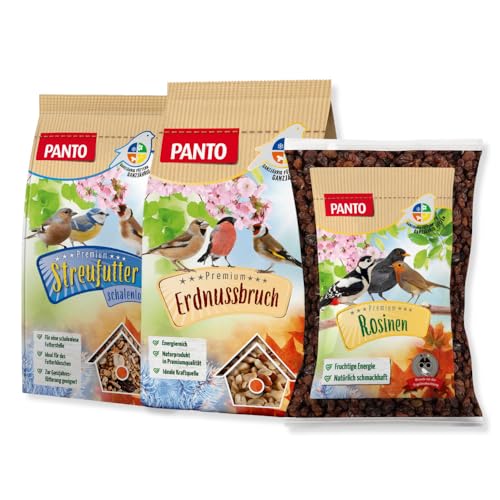 PANTO Seelenfutter Set für Wildvögel, Vogelfutter Mix mit schalenlosem Streufutter 1 kg, Rosinen 1 kg und Erdnussbruch 1 kg, nährstoffreiche und energiereiche Vogelfutter Mischung von PANTO