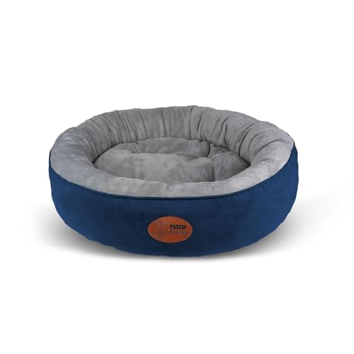 PATAM Hunde- und Katzenbett für Hunde und Katzen, rund, mit gepolsterten Kanten, universell für alle Jahreszeiten, rutschfest, abnehmbar, maschinenwaschbar – Fufi Blau, Medium 61 cm von PATAM